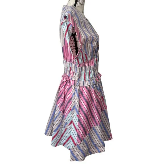 Anthropologie V-Neck Striped A-Line Mini Dress Elastic-Waist Cotton Women Size L - Picture 3 of 8